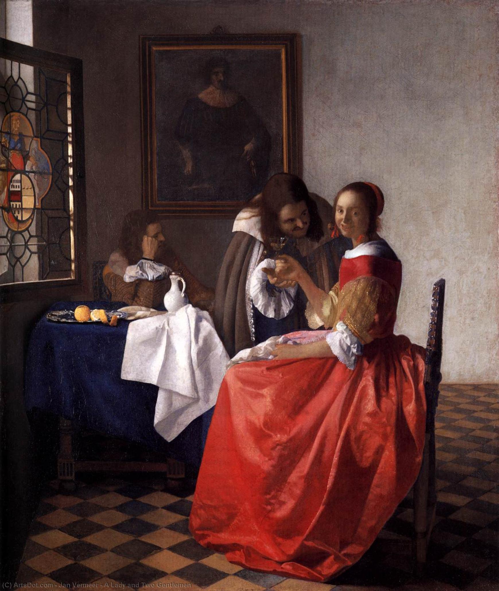 Wikioo.org - สารานุกรมวิจิตรศิลป์ - จิตรกรรม Jan Vermeer - A Lady and Two Gentlemen