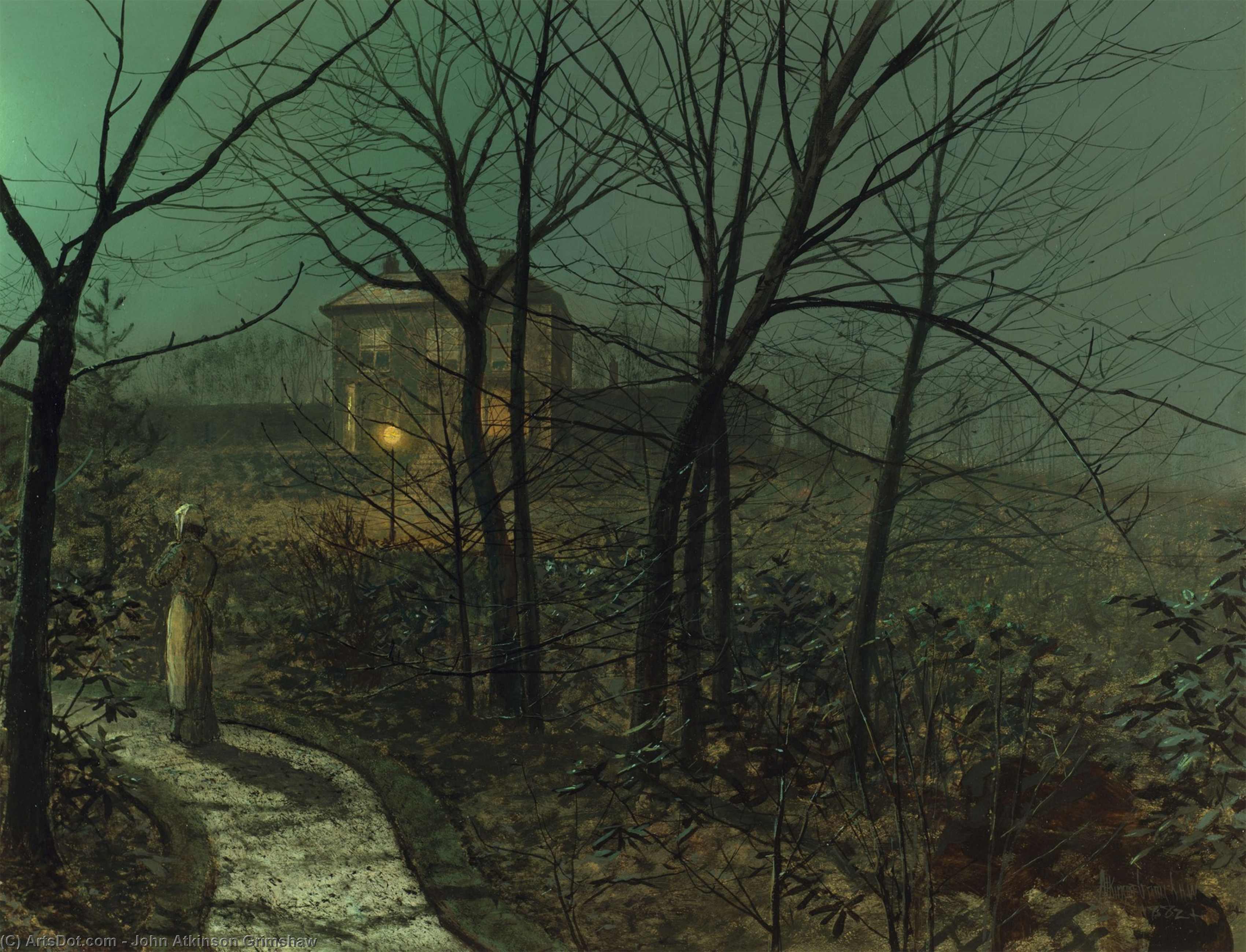 Wikioo.org - The Encyclopedia of Fine Arts - Painting, Artwork by John Atkinson Grimshaw - Woman on a path by a cottage