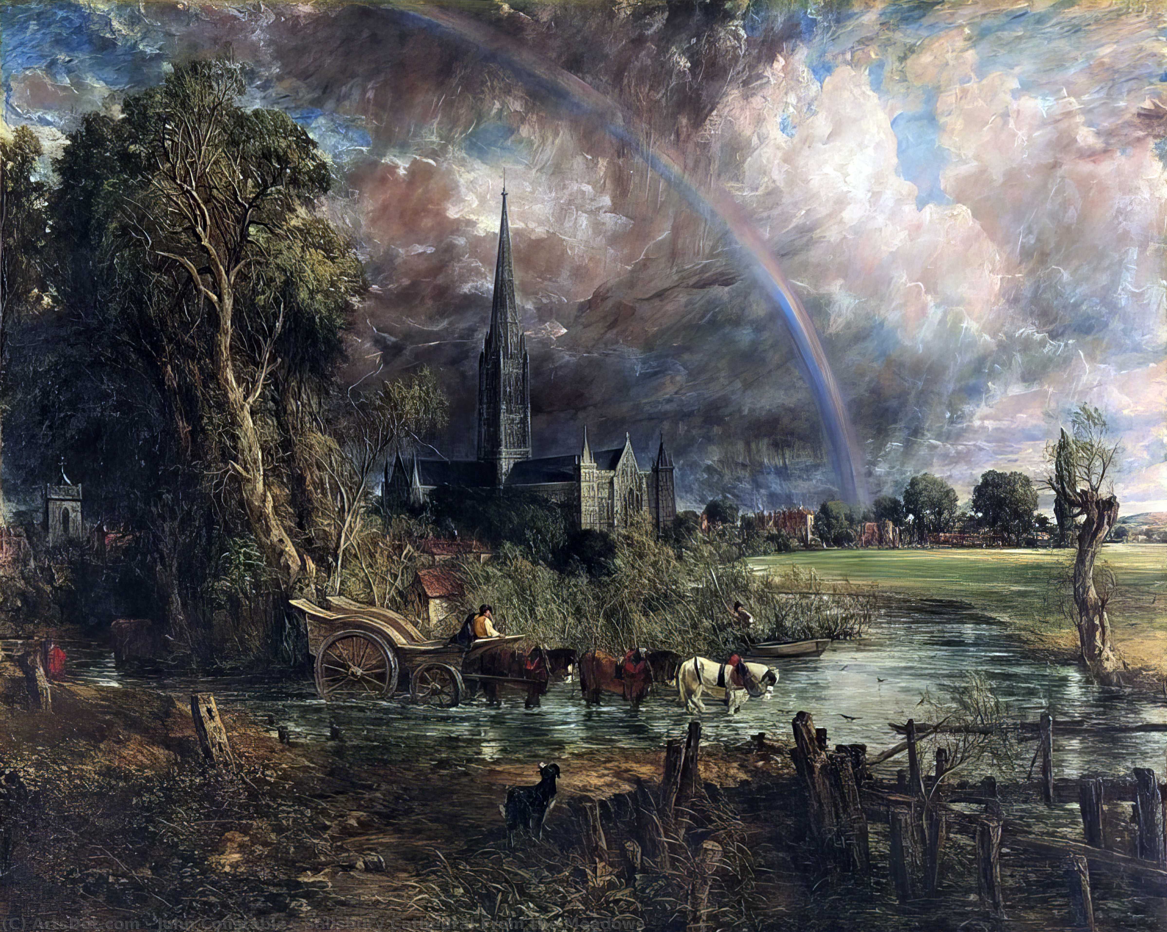 Wikoo.org - موسوعة الفنون الجميلة - اللوحة، العمل الفني John Constable - Salisbury Cathedral From the Meadows