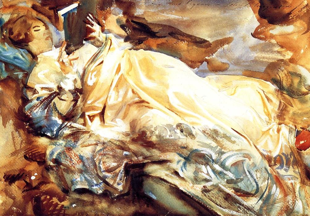 Wikioo.org - The Encyclopedia of Fine Arts - Painting, Artwork by John Singer Sargent - Woman Reading in a Cashmere Shawl