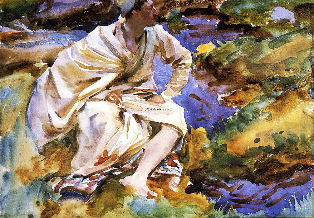 Wikioo.org - The Encyclopedia of Fine Arts - Painting, Artwork by John Singer Sargent - A Man Seated by a Stream