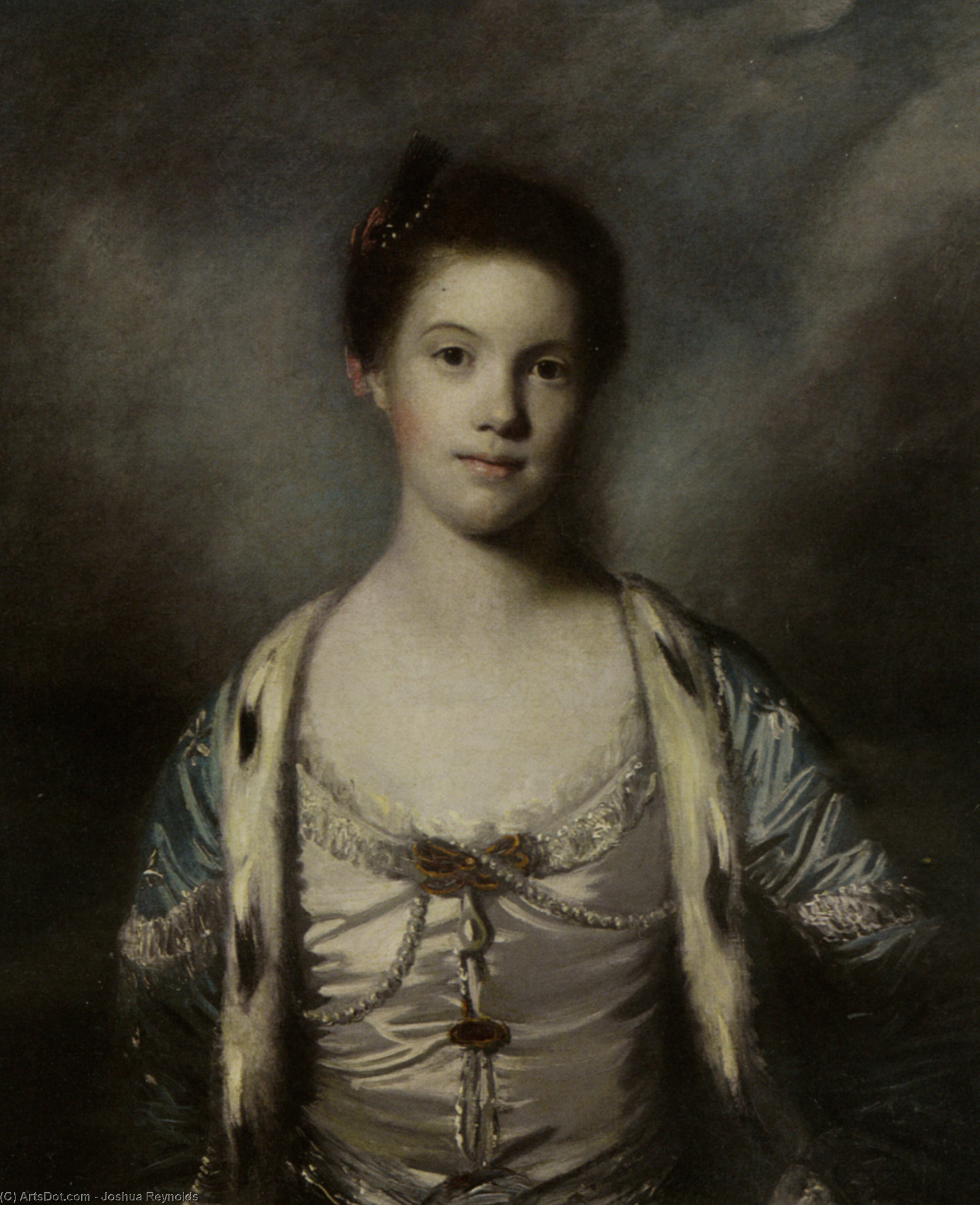 Wikioo.org - The Encyclopedia of Fine Arts - Painting, Artwork by Joshua Reynolds - Portrait of Bridget Moris in a White Silk Dress
