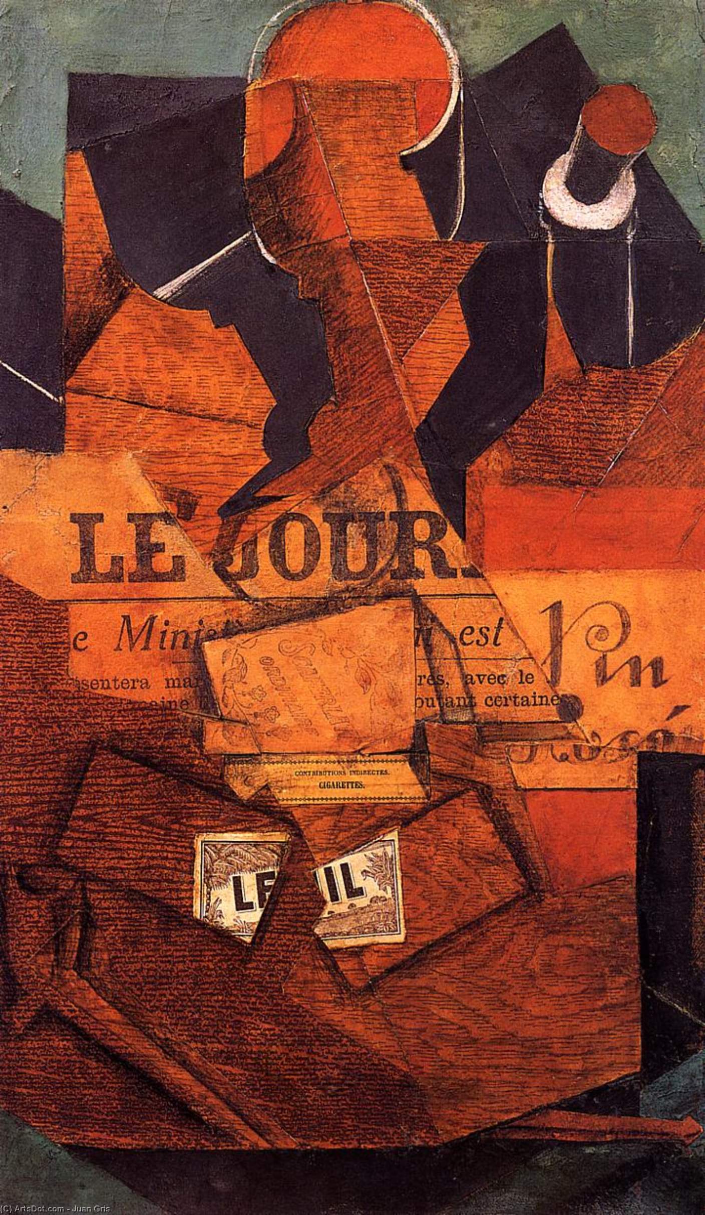 Wikioo.org - The Encyclopedia of Fine Arts - Painting, Artwork by Juan Gris - Tobacco, Newspaper and Bottle of Wine
