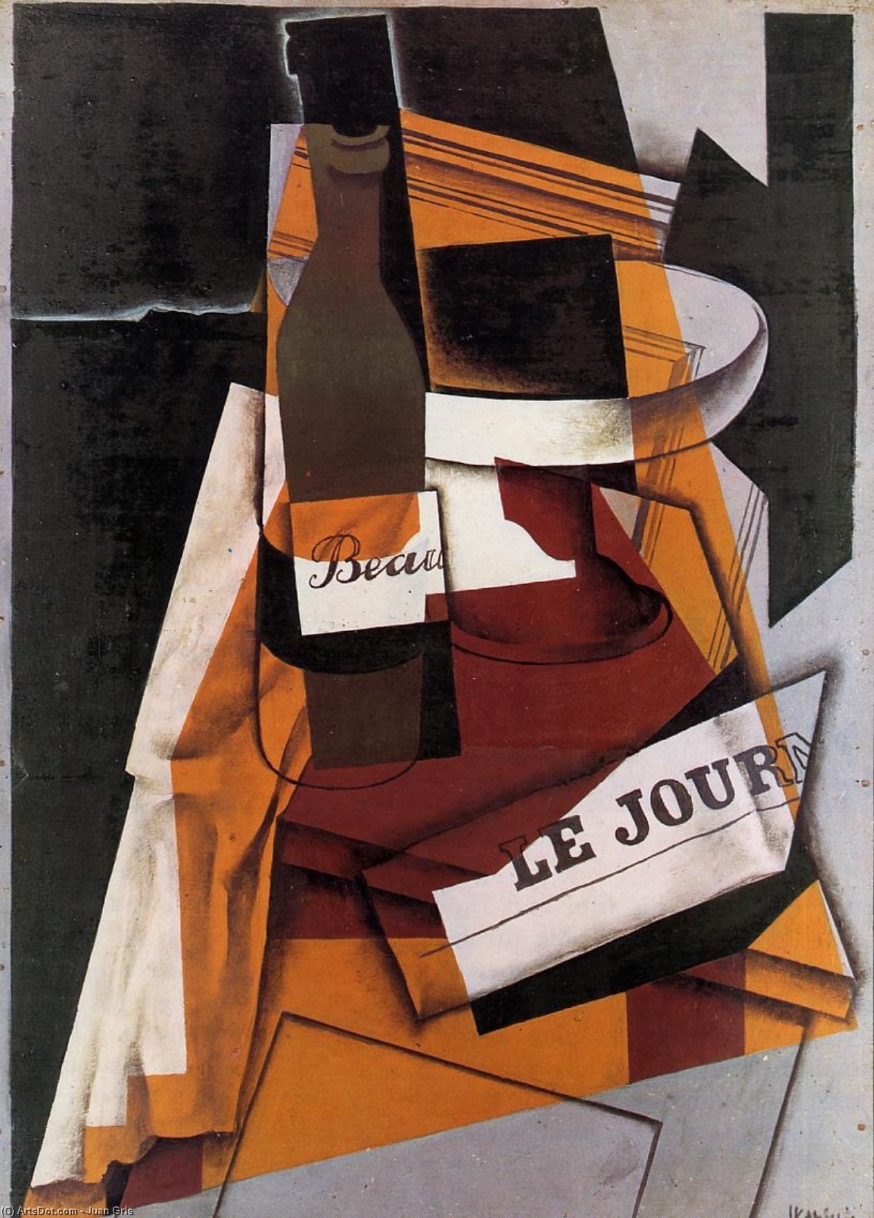 Wikioo.org - The Encyclopedia of Fine Arts - Painting, Artwork by Juan Gris - Bottle, Newspaper and Fruit Bowl