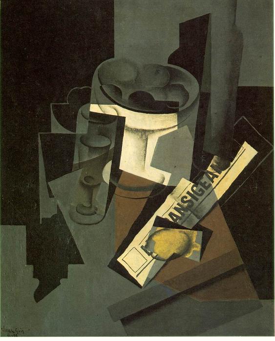 Wikioo.org - The Encyclopedia of Fine Arts - Painting, Artwork by Juan Gris - Fruit dish, glass and lemon (Still life with nerwspape)