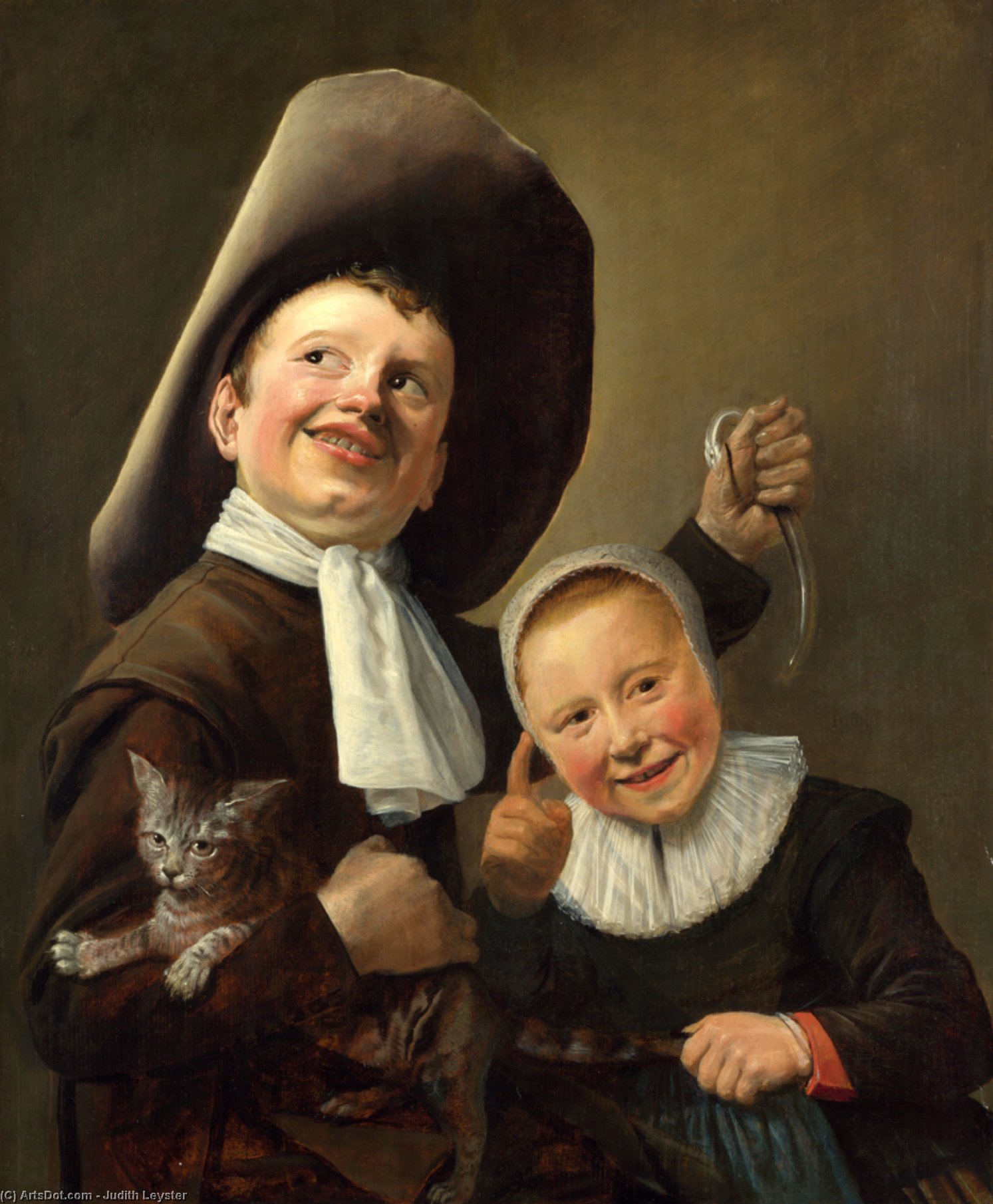 Wikioo.org - The Encyclopedia of Fine Arts - Painting, Artwork by Judith Leyster - A Boy and a Girl with a Cat and an Eel