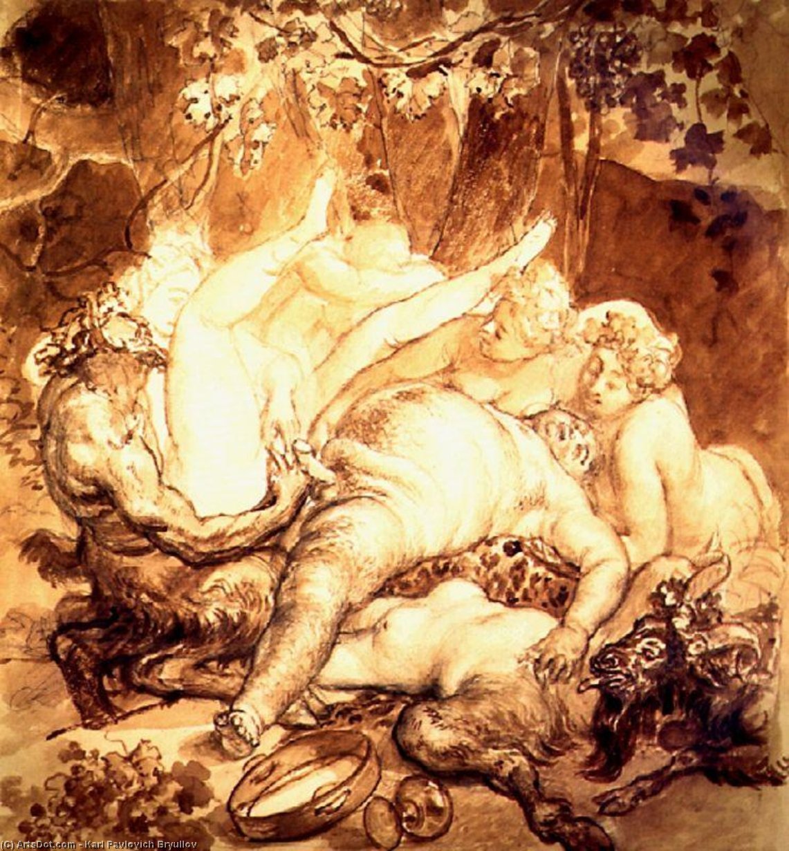 Wikioo.org - The Encyclopedia of Fine Arts - Painting, Artwork by Karl Pavlovich Bryullov - Silen, Satyr and Bacchanals