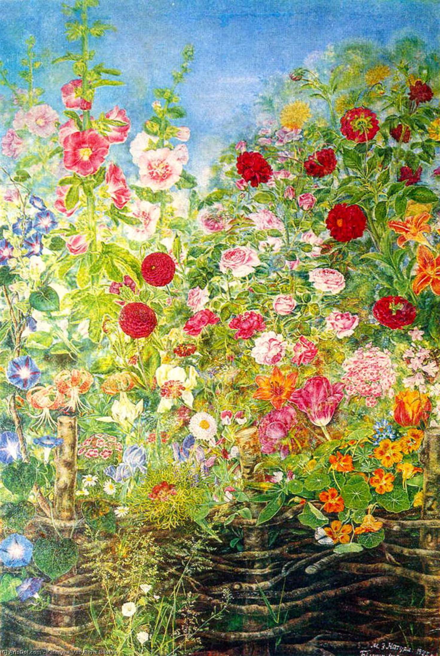 WikiOO.org - Enciklopedija dailės - Tapyba, meno kuriniai Kateryna Vasylivna Bilokur - Flowers by the fence