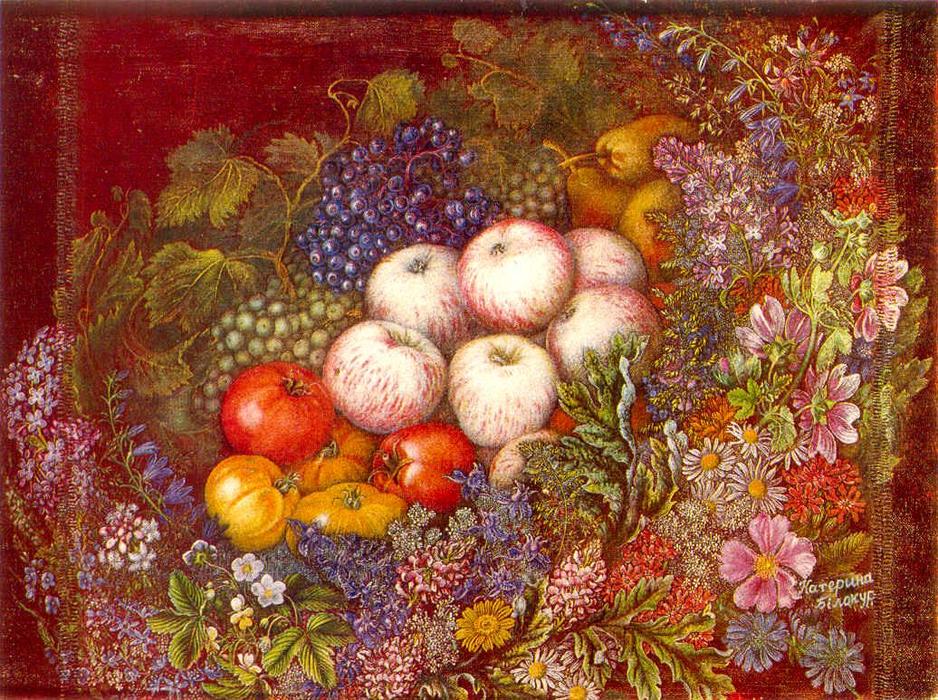 WikiOO.org - Güzel Sanatlar Ansiklopedisi - Resim, Resimler Kateryna Vasylivna Bilokur - Still life ''Flowers, apples, tomatoes''