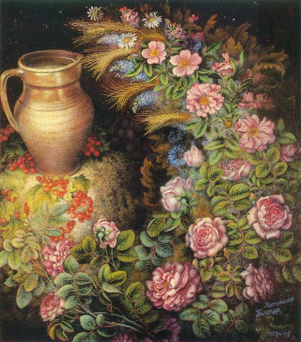 Wikioo.org – L'Encyclopédie des Beaux Arts - Peinture, Oeuvre de Kateryna Vasylivna Bilokur - nature morte avec `spikes` et cruche