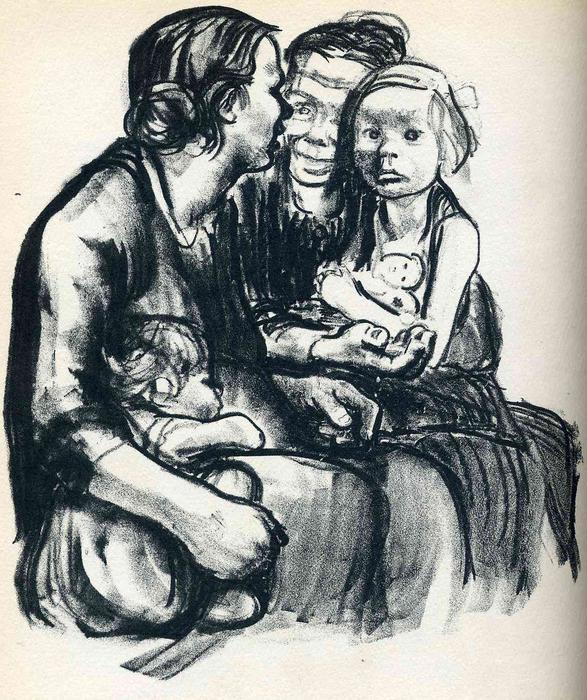 Wikioo.org - The Encyclopedia of Fine Arts - Painting, Artwork by Kathe Kollwitz - Two Chatting Women with Two Children