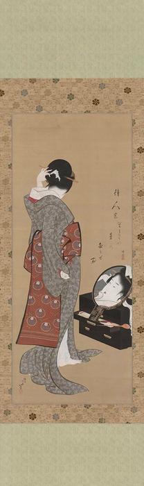 Wikoo.org - موسوعة الفنون الجميلة - اللوحة، العمل الفني Katsushika Hokusai - Woman Looking at Herself in a Mirror