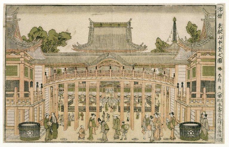WikiOO.org - Енциклопедия за изящни изкуства - Живопис, Произведения на изкуството Katsushika Hokusai - Inside the Courtyard of the Toeizan Temple at Ueno