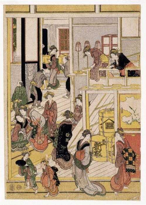 WikiOO.org - 백과 사전 - 회화, 삽화 Katsushika Hokusai - New Year's Days of the Teahouse Ogi-ya