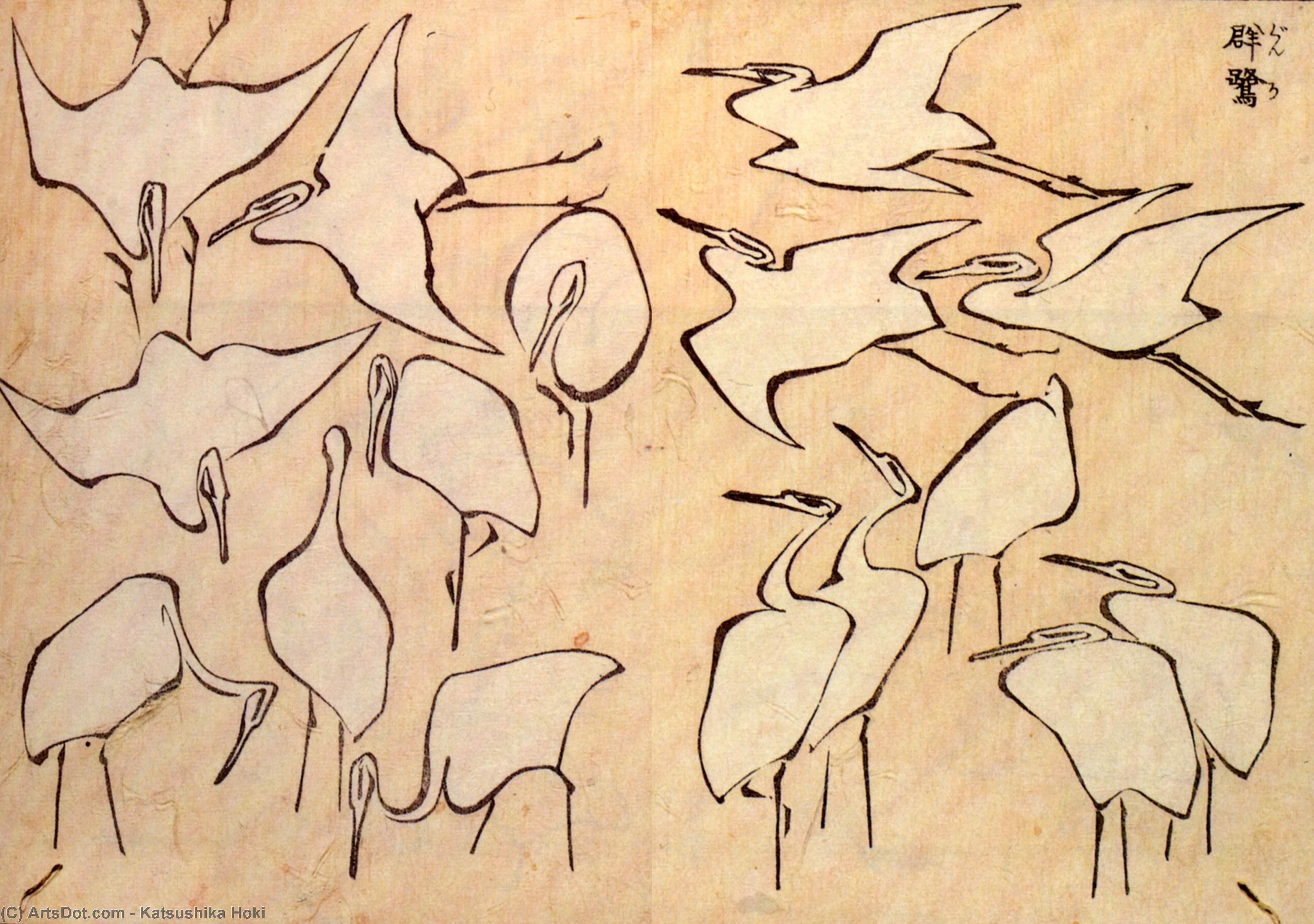 WikiOO.org - Enciklopedija dailės - Tapyba, meno kuriniai Katsushika Hokusai - Cranes from Quick Lessons in Simplified Drawing