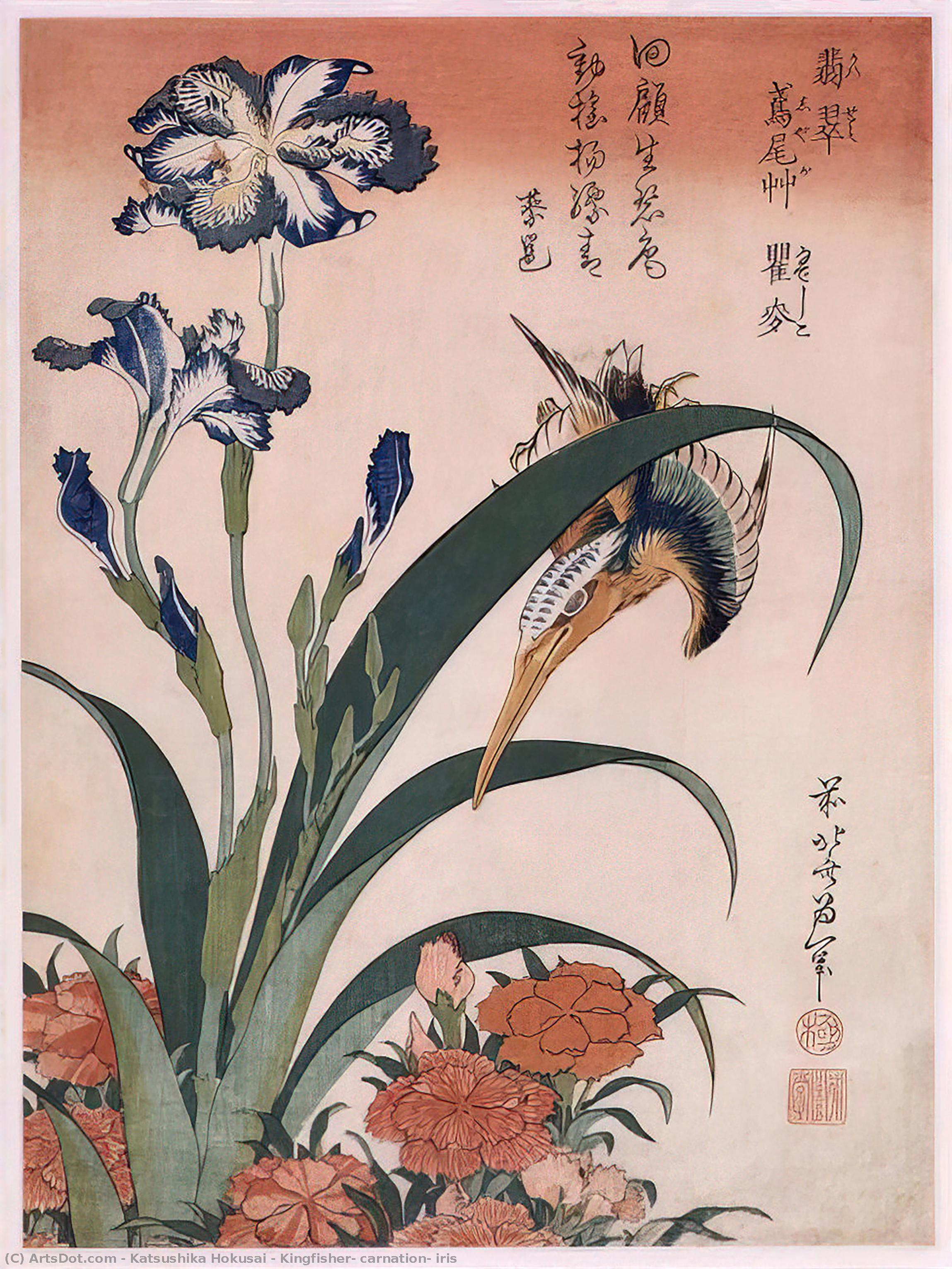 Wikioo.org - Bách khoa toàn thư về mỹ thuật - Vẽ tranh, Tác phẩm nghệ thuật Katsushika Hokusai - Kingfisher, carnation, iris