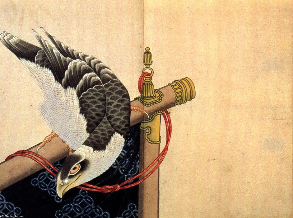 Wikioo.org - สารานุกรมวิจิตรศิลป์ - จิตรกรรม Katsushika Hokusai - Hawk on a ceremonial stand