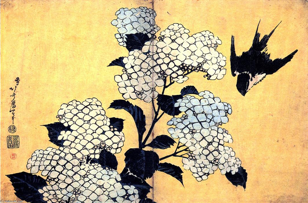 WikiOO.org - Енциклопедия за изящни изкуства - Живопис, Произведения на изкуството Katsushika Hokusai - Hydrangea and Swallow