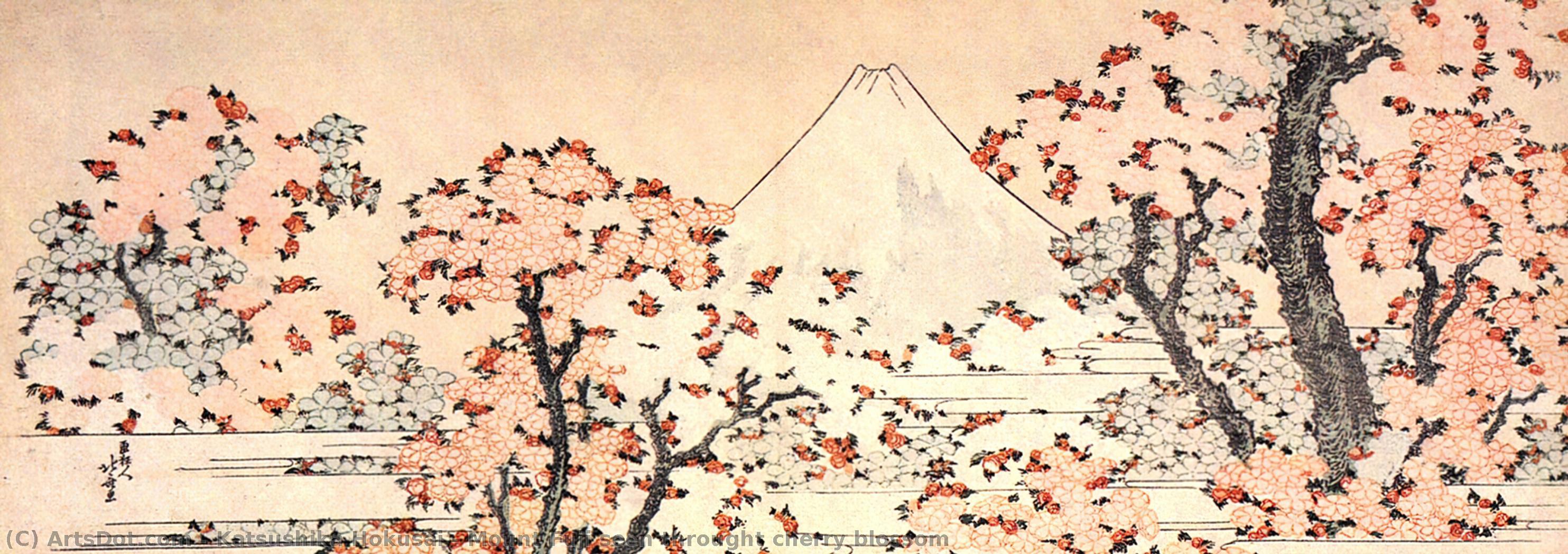 Wikioo.org – La Enciclopedia de las Bellas Artes - Pintura, Obras de arte de Katsushika Hokusai - monte fuji visto  a través  Cereza  Flor