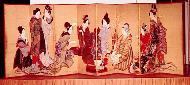 Wikioo.org - The Encyclopedia of Fine Arts - Painting, Artwork by Katsushika Hokusai - Nine women playing the game of fox