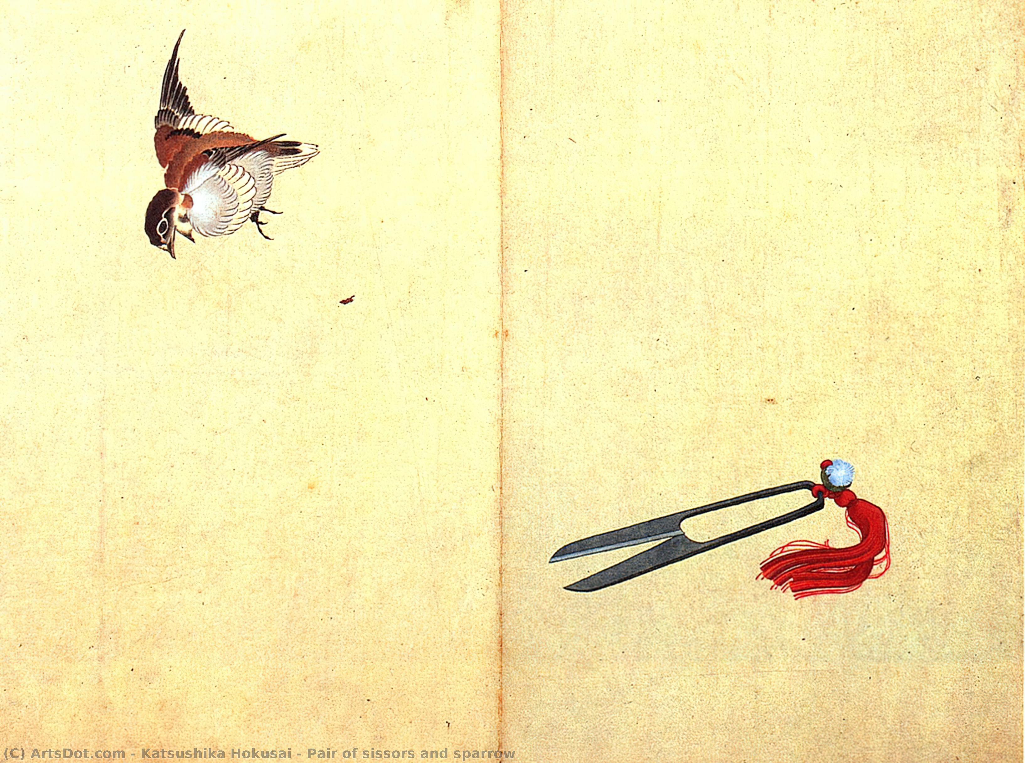 WikiOO.org - 백과 사전 - 회화, 삽화 Katsushika Hokusai - Pair of sissors and sparrow