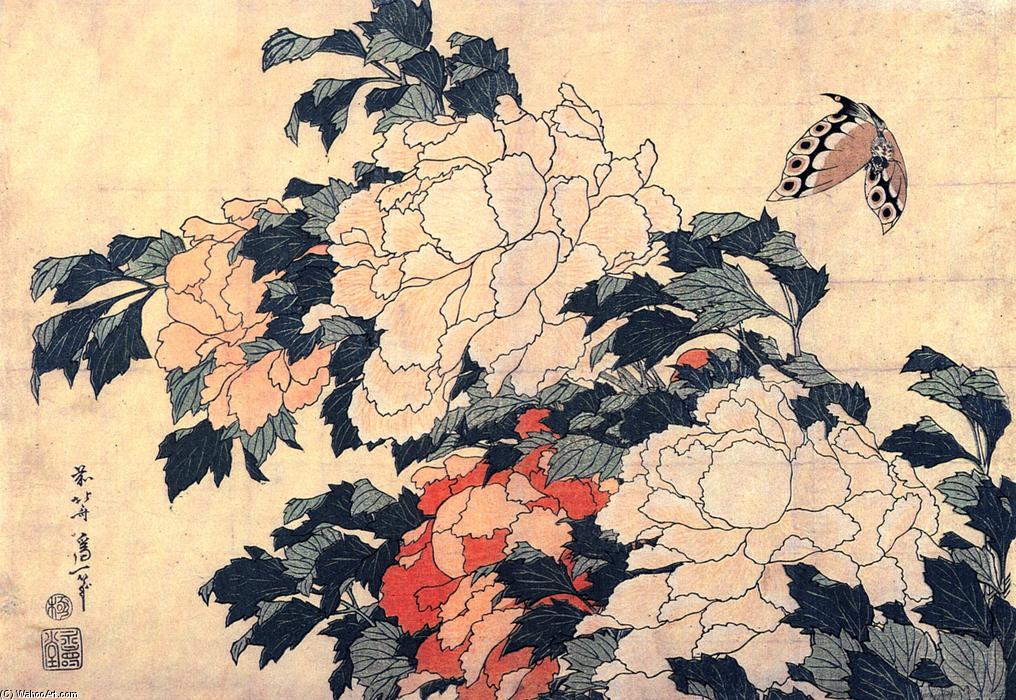 Wikioo.org - The Encyclopedia of Fine Arts - Painting, Artwork by Katsushika Hokusai - Poenies and butterfly