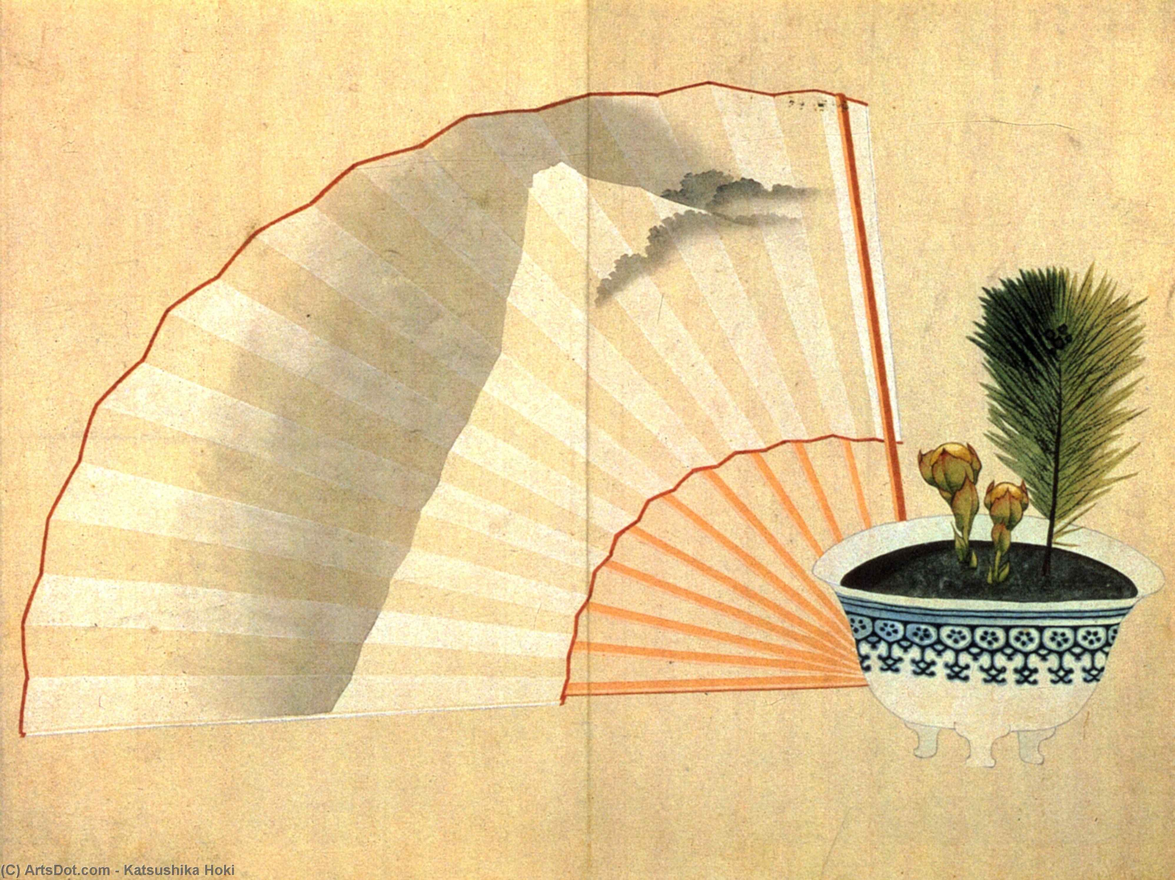 WikiOO.org - Encyclopedia of Fine Arts - Schilderen, Artwork Katsushika Hokusai - Porcelain pot with open fan