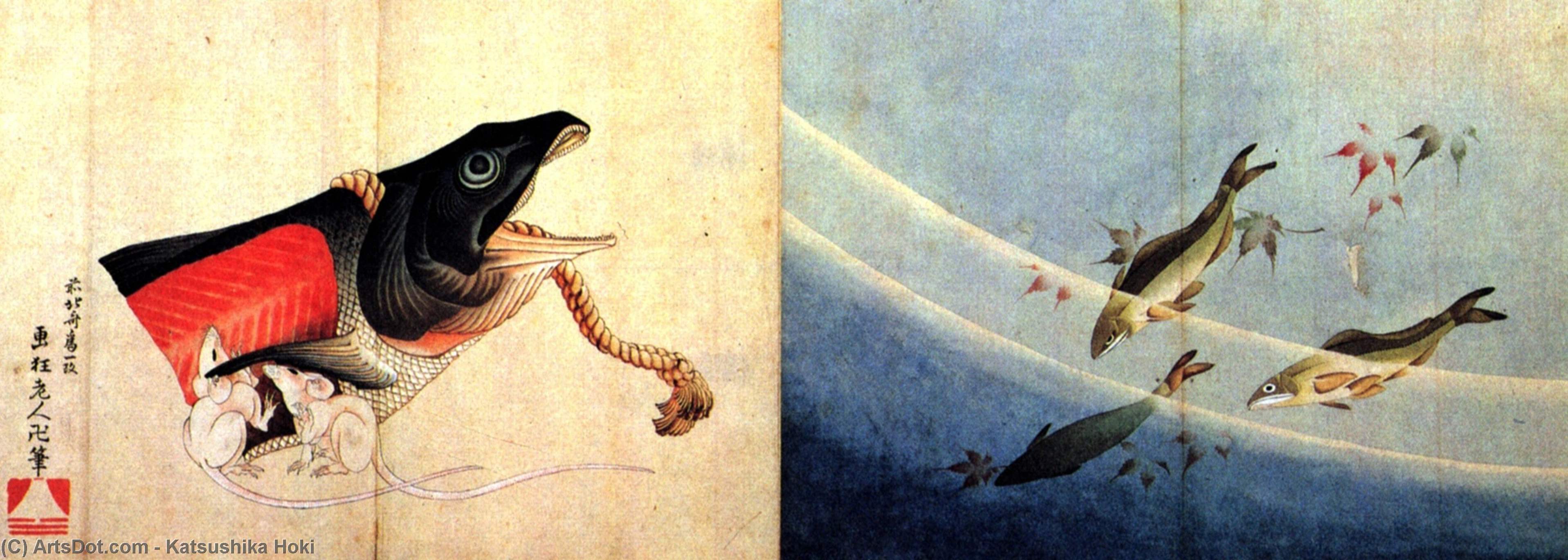 Wikioo.org - The Encyclopedia of Fine Arts - Painting, Artwork by Katsushika Hokusai - Salted salmond and mice
