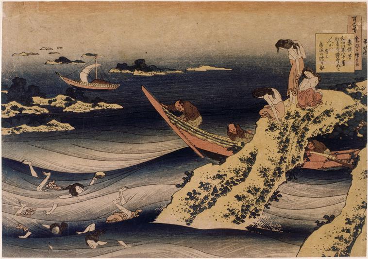 Wikioo.org – L'Encyclopédie des Beaux Arts - Peinture, Oeuvre de Katsushika Hokusai - Sangi Takamura, l ormeau pêcheur