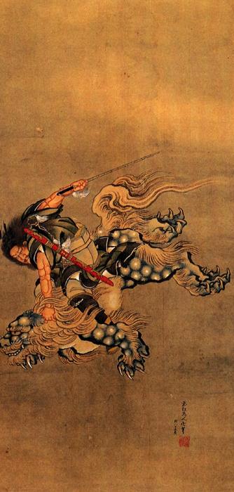 WikiOO.org – 美術百科全書 - 繪畫，作品 Katsushika Hokusai - 书纪骑着狮子石狮