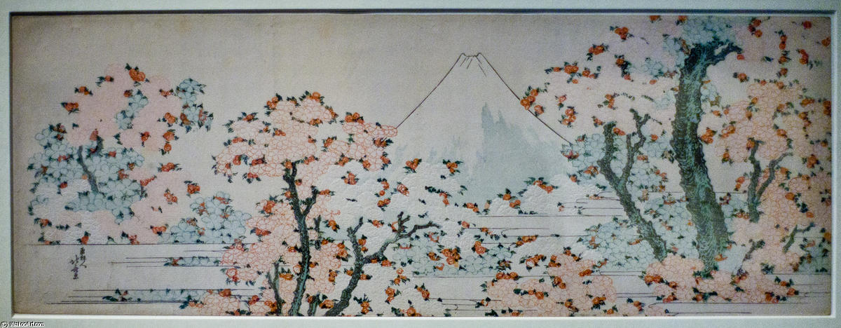 WikiOO.org - Encyclopedia of Fine Arts - Maalaus, taideteos Katsushika Hokusai - View on Mount Fuji between flowerin trees