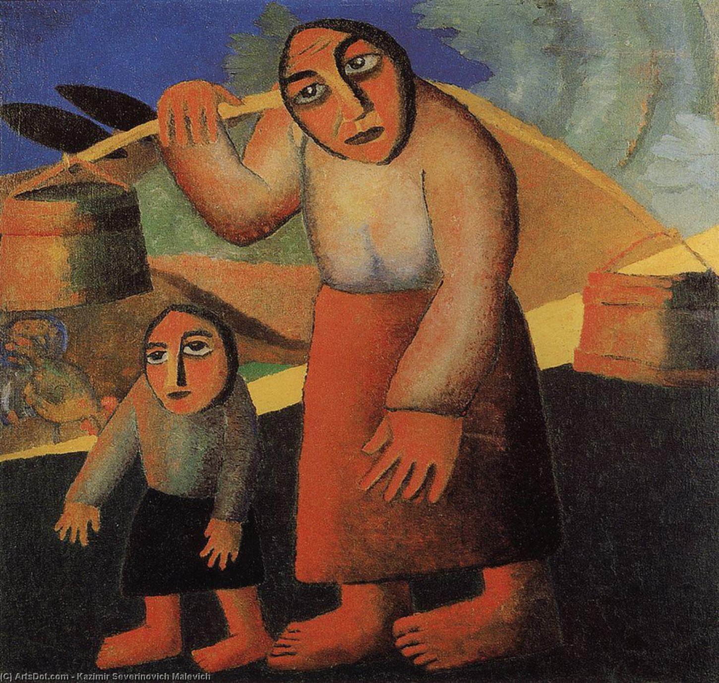 Wikoo.org - موسوعة الفنون الجميلة - اللوحة، العمل الفني Kazimir Severinovich Malevich - Peasant Woman with Buckets and a Child