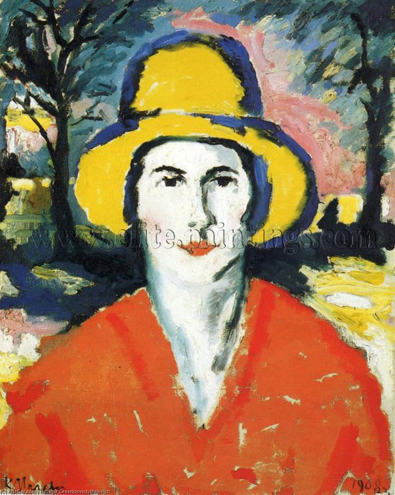Wikioo.org - The Encyclopedia of Fine Arts - Painting, Artwork by Kazimir Severinovich Malevich - Portrait of Woman in Yellow Hat