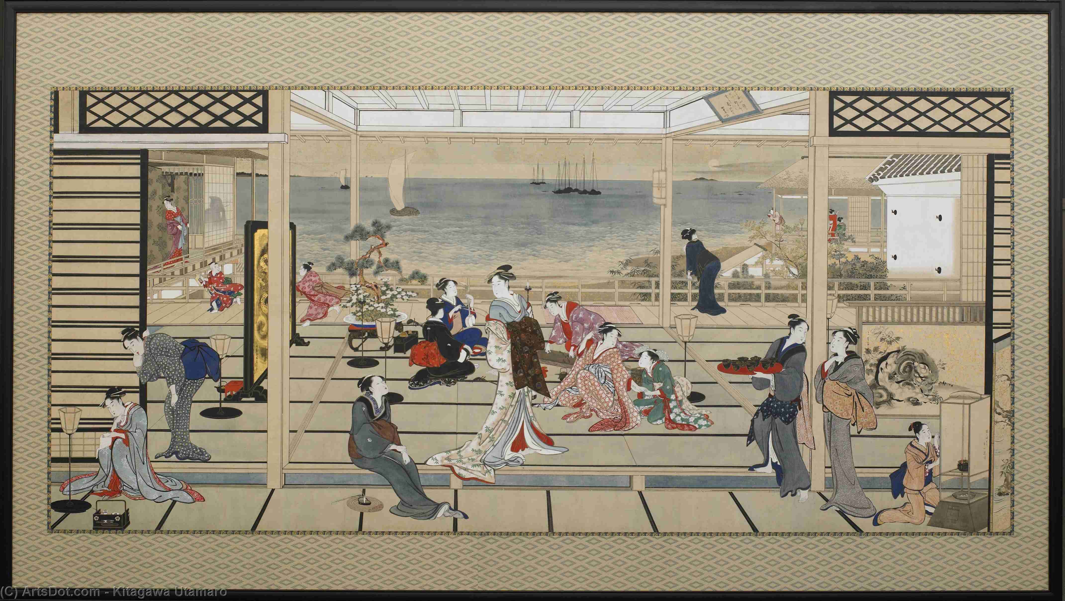 Wikioo.org - The Encyclopedia of Fine Arts - Painting, Artwork by Kitagawa Utamaro - Moonlight Revelry at Dozo Sagami