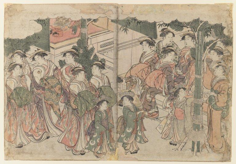 Wikioo.org – La Enciclopedia de las Bellas Artes - Pintura, Obras de arte de Kitagawa Utamaro - Courtesan`s comitiva en Nueva Festival `s del Año