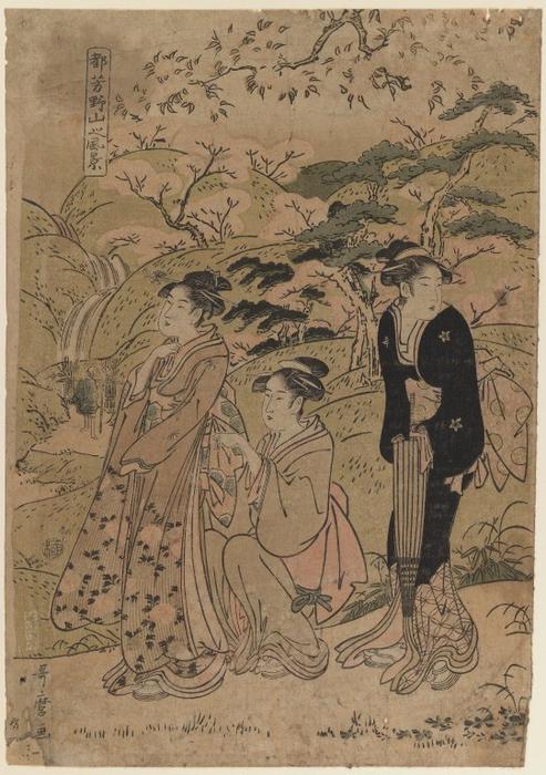 Wikioo.org - The Encyclopedia of Fine Arts - Painting, Artwork by Kitagawa Utamaro - Three Courtesans Stroll Amidst Cherry Blossoms