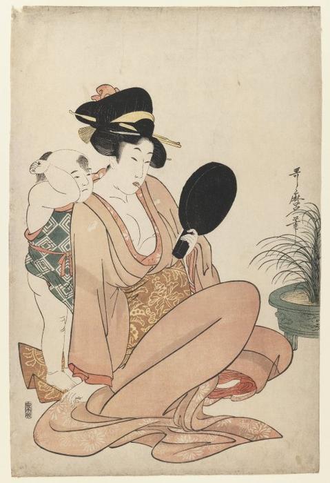 Wikioo.org - The Encyclopedia of Fine Arts - Painting, Artwork by Kitagawa Utamaro - Mother and Child Gazing at a Hand Mirror