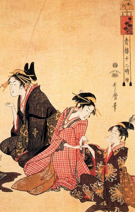 Wikioo.org - The Encyclopedia of Fine Arts - Painting, Artwork by Kitagawa Utamaro - A scene on the bridge and beld