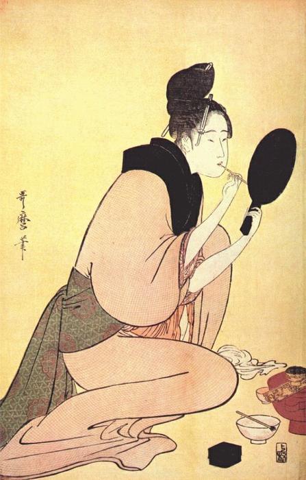 Wikioo.org - The Encyclopedia of Fine Arts - Painting, Artwork by Kitagawa Utamaro - Courtesan applying lip rouge