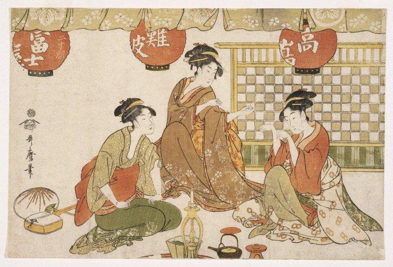 Wikioo.org - The Encyclopedia of Fine Arts - Painting, Artwork by Kitagawa Utamaro - Three Seated Ladies with Lanterns