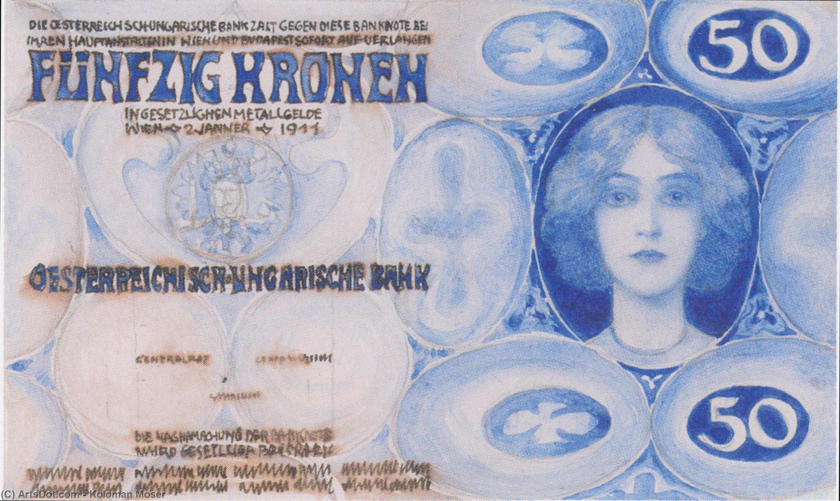 Wikioo.org - The Encyclopedia of Fine Arts - Painting, Artwork by Koloman Moser - Design for the bill of 50 crowns