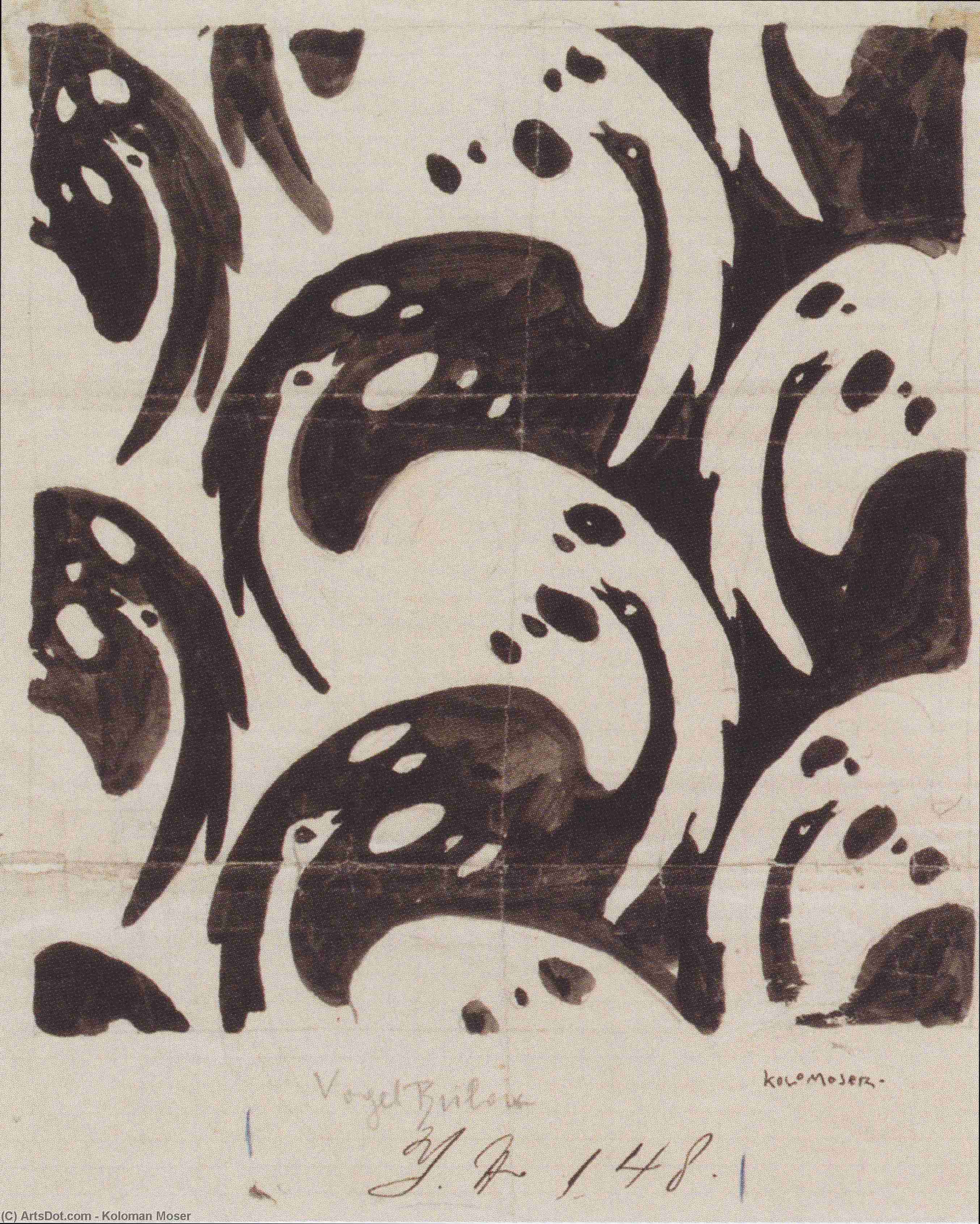 Wikioo.org - The Encyclopedia of Fine Arts - Painting, Artwork by Koloman Moser - Fabric design with birds for Backhausen