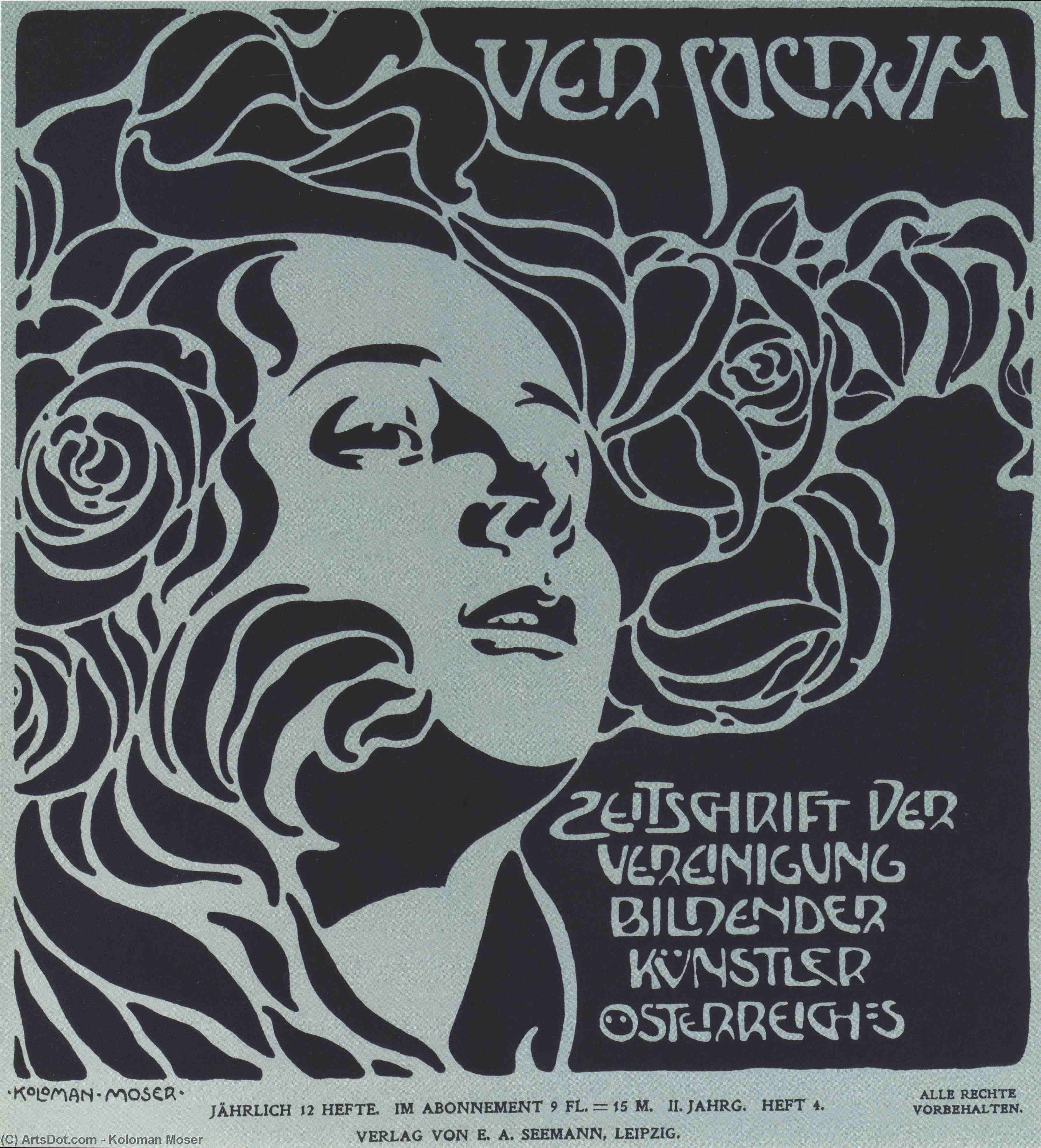 Wikioo.org - The Encyclopedia of Fine Arts - Painting, Artwork by Koloman Moser - Girl's Head. Cover design Ver Sacrum, 204, 1899.