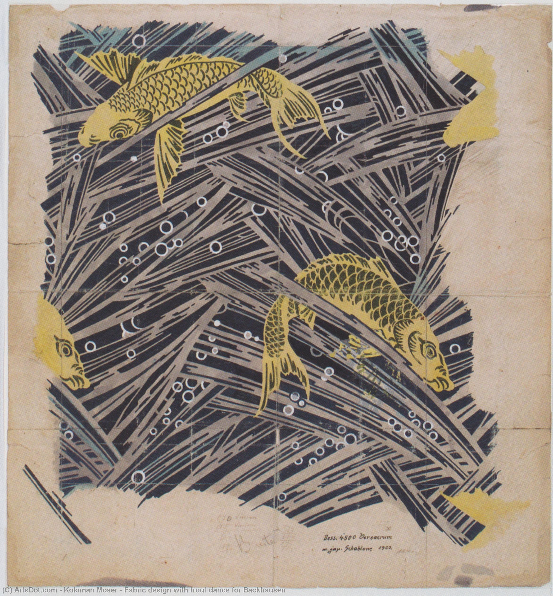 WikiOO.org - Encyclopedia of Fine Arts - Lukisan, Artwork Koloman Moser - Fabric design with trout dance for Backhausen