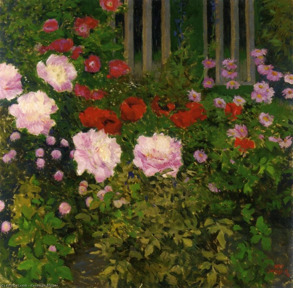 Wikioo.org - The Encyclopedia of Fine Arts - Painting, Artwork by Koloman Moser - Blooming Flowers with Garden Fence