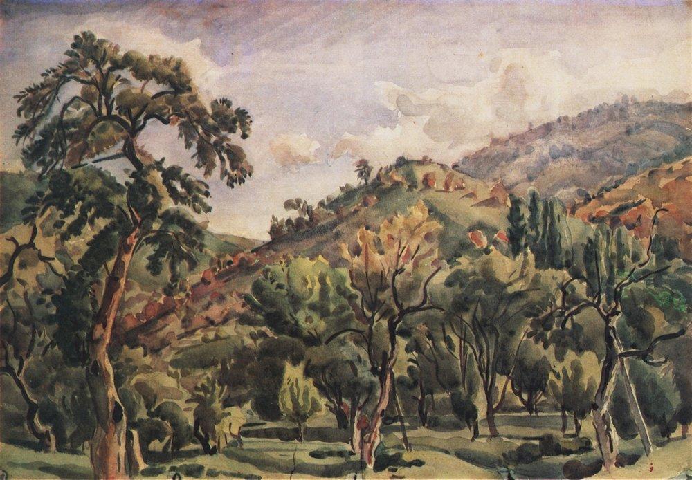 Wikioo.org - The Encyclopedia of Fine Arts - Painting, Artwork by Konstantin Fyodorovich Bogaevsky - Mountain landscape with trees. Ortolan.