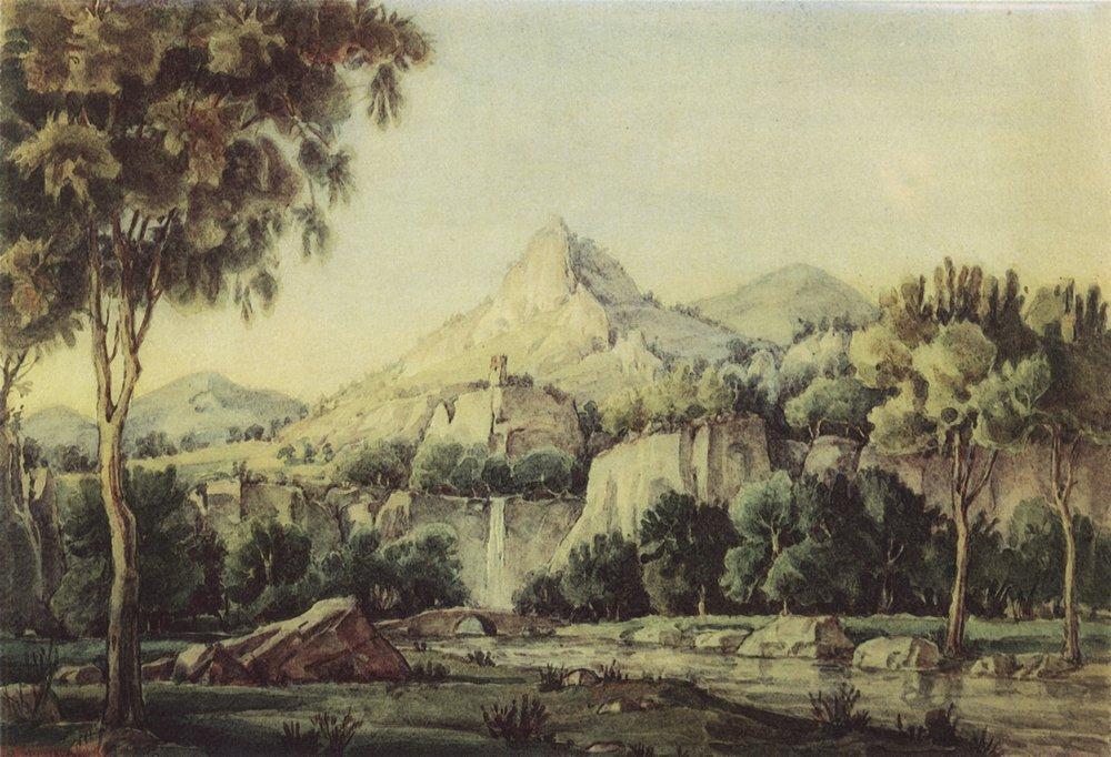 Wikioo.org - The Encyclopedia of Fine Arts - Painting, Artwork by Konstantin Fyodorovich Bogaevsky - Landscape with waterfall and bridge