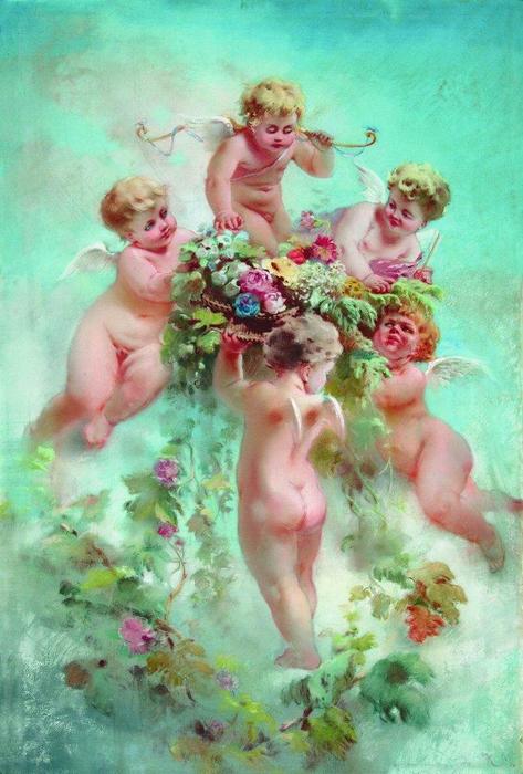 Wikioo.org - The Encyclopedia of Fine Arts - Painting, Artwork by Konstantin Yegorovich Makovsky - Cupids with Flowers