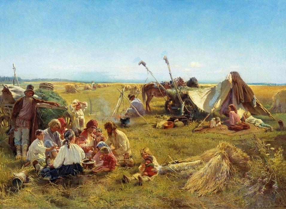 Wikioo.org - The Encyclopedia of Fine Arts - Painting, Artwork by Konstantin Yegorovich Makovsky - Peasant Dinner during Harvesting