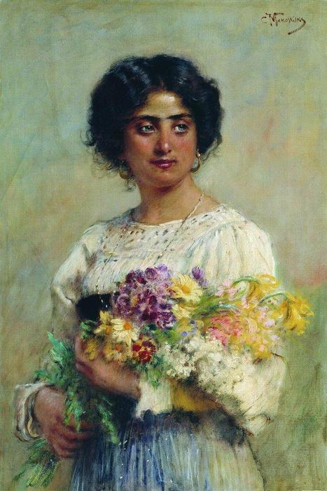 Wikioo.org - The Encyclopedia of Fine Arts - Painting, Artwork by Konstantin Yegorovich Makovsky - Girl with a bouquet